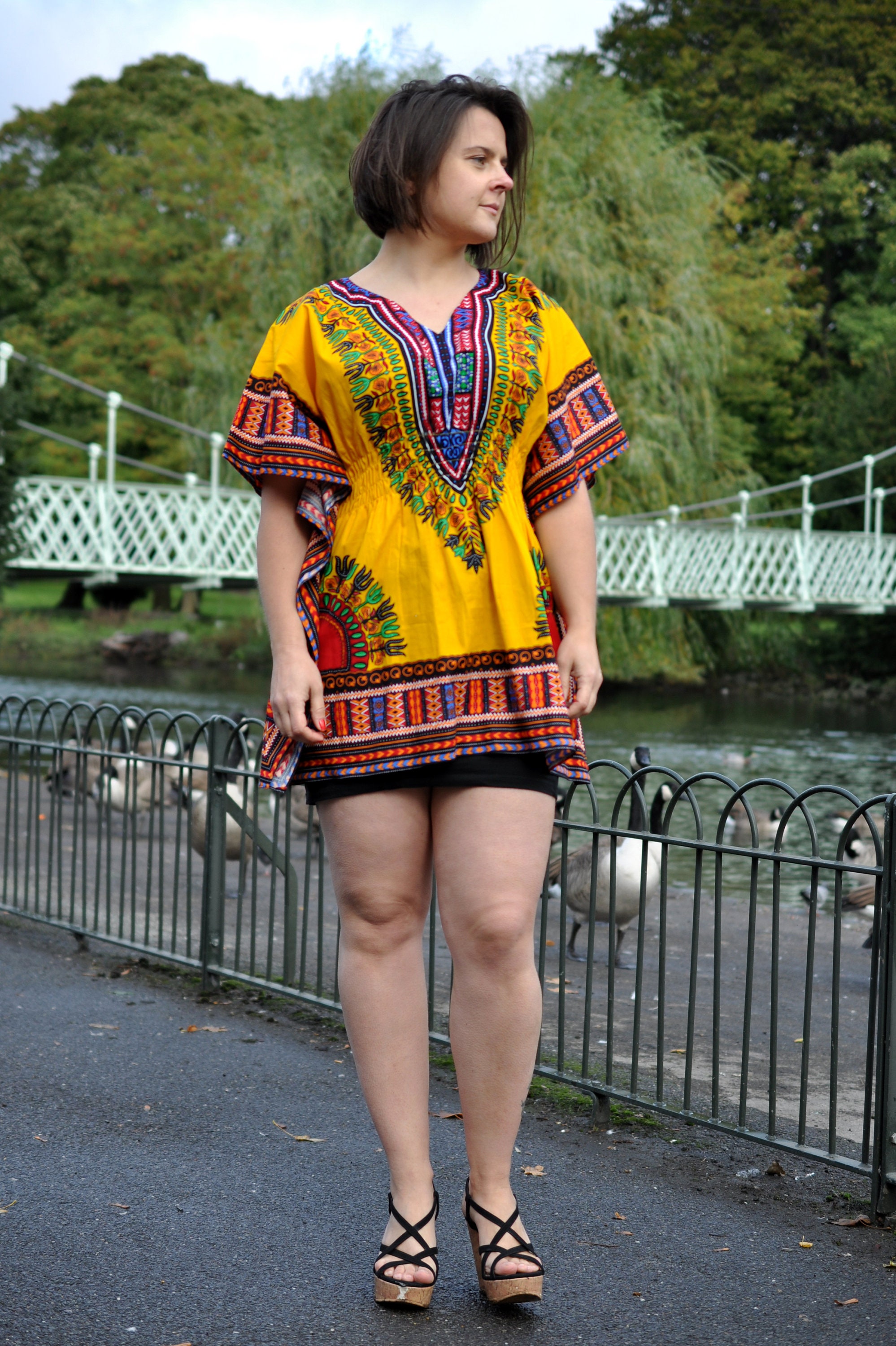 dashiki dress Orange Shirt / Dashiki - African print top Dress length L/XL Handmade Silk African Dashiki