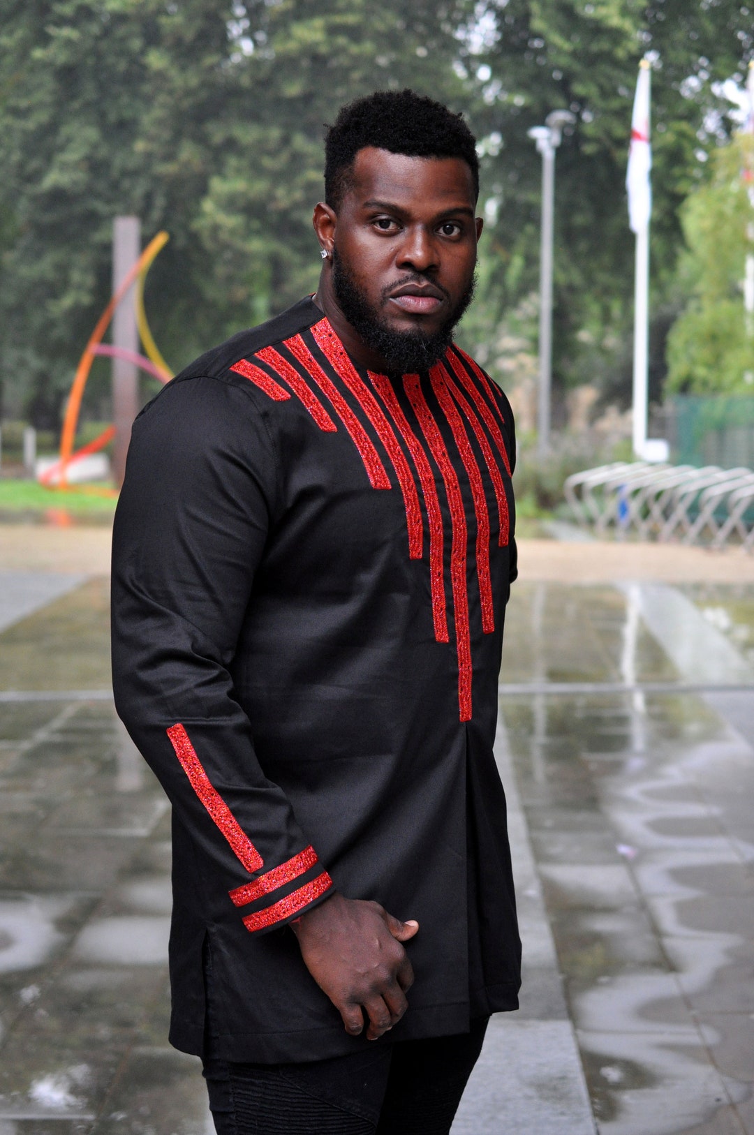 Camicie a maniche corte da uomo in cotone lucido africano nero e