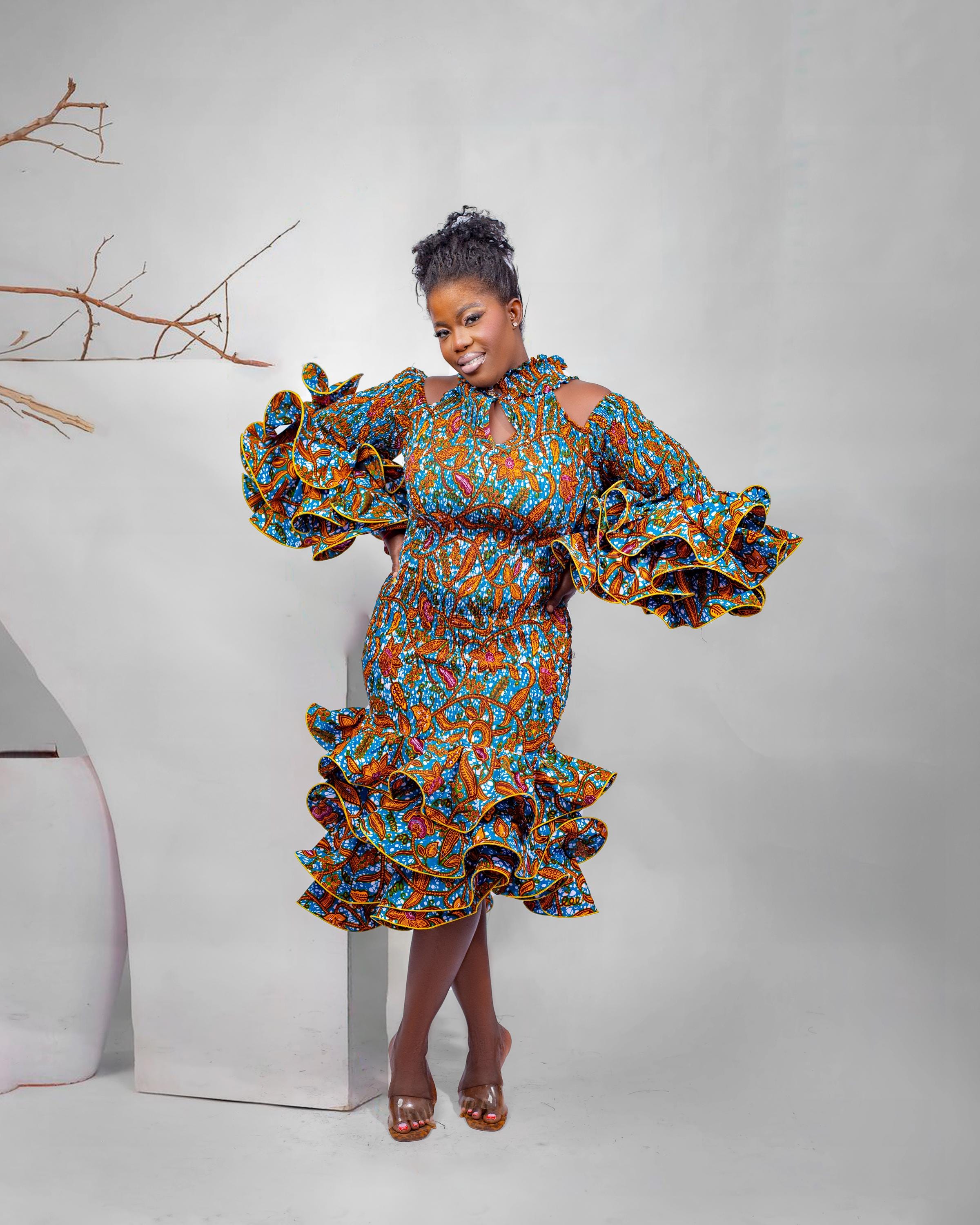 African Print Bodycon Halter Neck Dress | Triple Bell Long Sleeve Top | Multi-Layered Ruffle