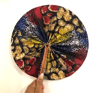 Unique African Print Fan, Handheld Folding Fan, Vibrant Fabric Fan with Leather Handle, Afrocentric Gifts & Décor, Handmade in Ghana
