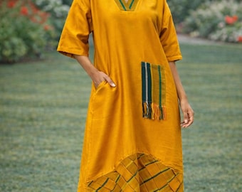 Mustard African Maxi Dress, Loose Fit, Ankara Hem, V-Neck, Side Pockets