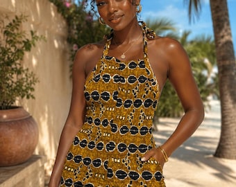 African Print Short Romper for Women | Smocked Halter Neck Playsuit | Ankara Summer Jumpsuit | Beach Holiday Outfit | Festival Wear | UK 8-1