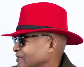 Chapeau fedora rouge pour homme, 100 % laine, avec plumes amovibles, chapeau fabriqué à la main pour un style classique