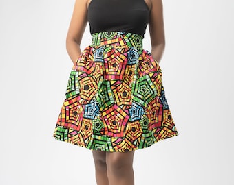 Jupe femme africaine Ankara multicolore, imprimé Ankara, jupe trapèze et taille haute synchronisée, longueur au-dessus du genou