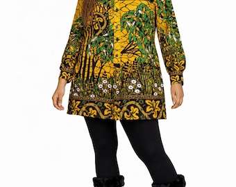 Vestido camisero amarillo con estampado africano, túnica Ankara, manga larga con botones delanteros, talla grande mini