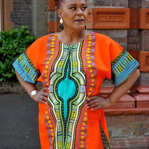 Orange Dashiki Zip Dress, Stylish African Print Dress, Trendy Cotton Dress, Dashiki Dress with Color Options, Women’s African Clothing