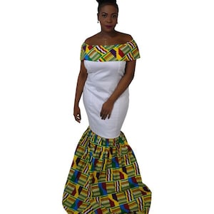 African White polis Kente Prom Dress | Traditional Occasion Dress | Custom Made African Dress | Mermaid Style Dress