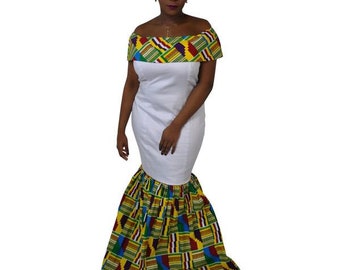 African White polish and  Kente print Maxi Prom , traditional wedding/Marriage  dress