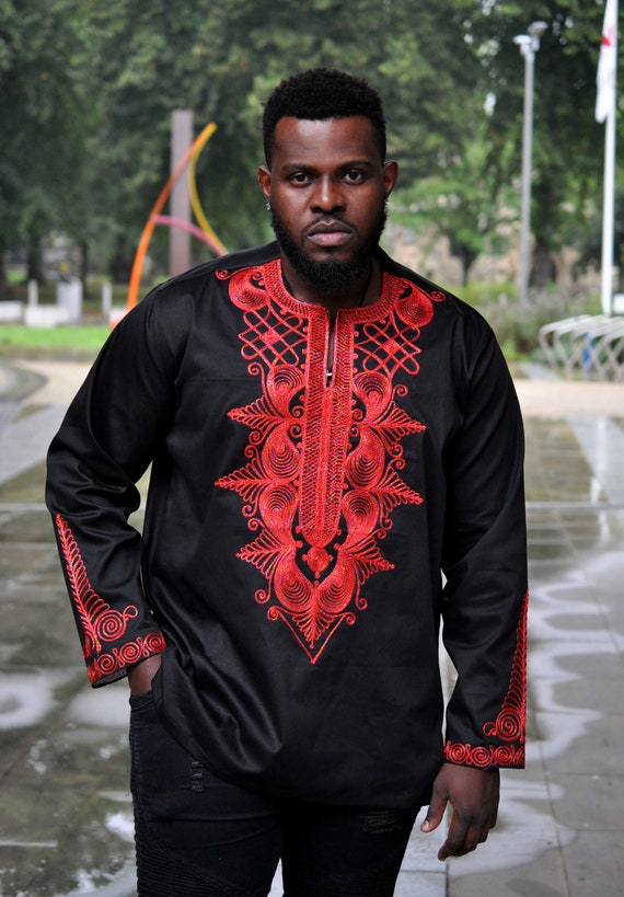 Black and red Men African Polished Cotton Print Wakanda style shirts | Mens  Fashion Embroidery shirt| Mens African Occasion Shirt