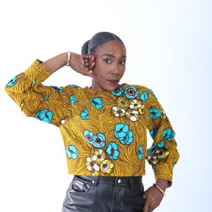 Women African Print Crop Top, Yellow and Turquoise Floral Ankara Print Cropped Blouse, Puff Sleeves Going out Top