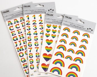Regenbogen Sticker - Zahlen, Buchstaben, Herzen oder Bögen für viele DIY Anwendungen