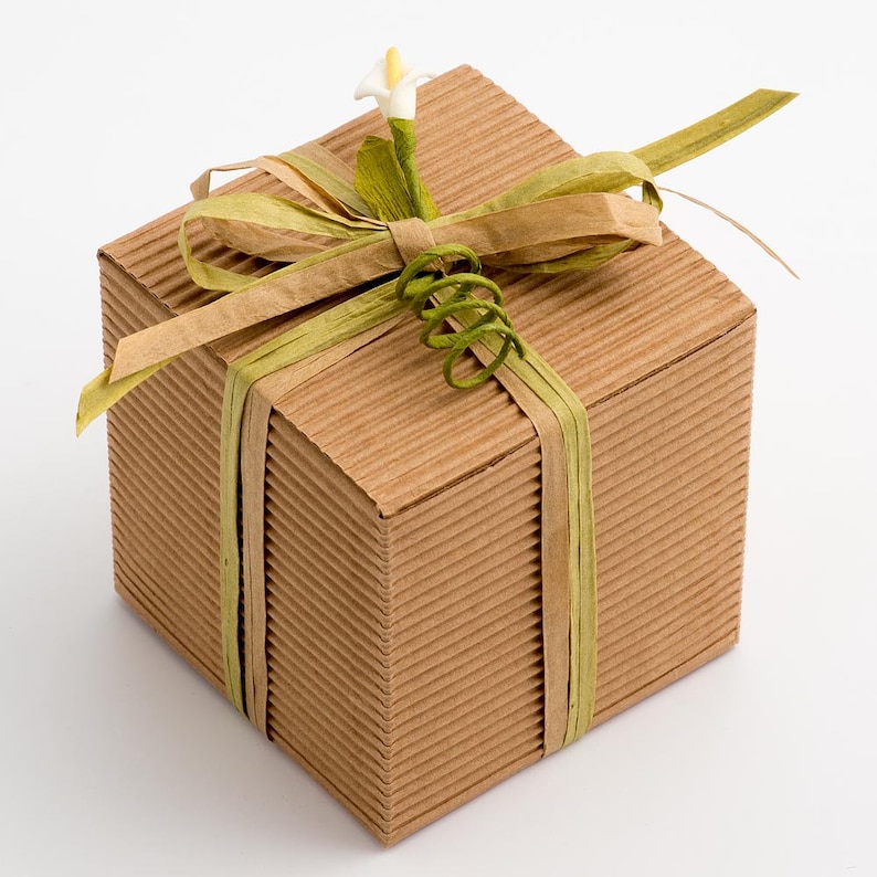 Op de afbeelding: Een bruine kartonnen cadeaudoos met een groen en bruin lint en een witte bloem erop.