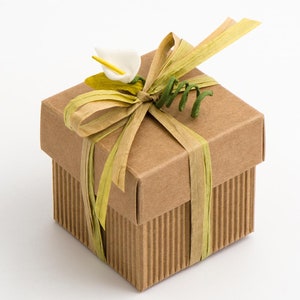 Op de afbeelding: Een kleine, bruine kartonnen geschenkdoos met een groen en bruin lint dat in een strik is gebonden. Een witte bloem met een gele kern is aan de strik bevestigd.