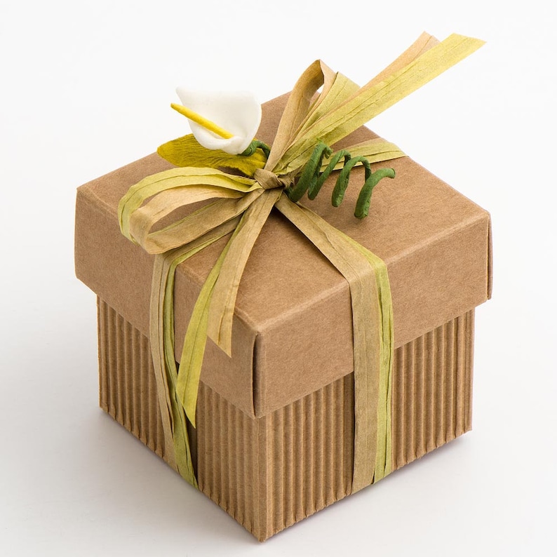 Op de afbeelding: Een kleine, bruine kartonnen geschenkdoos met een groen en bruin lint dat in een strik is gebonden. Een witte bloem met een gele kern is aan de strik bevestigd.