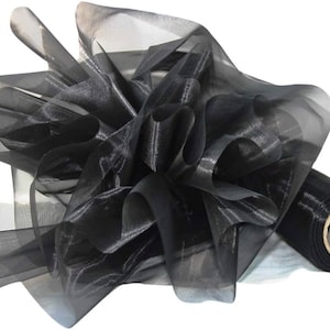 Könnte beinhalten: Schwarze, durchsichtige Tulle-Schleifenrolle. Das Band ist weich und zart und eignet sich perfekt, um jedem Projekt einen Hauch von Eleganz zu verleihen.