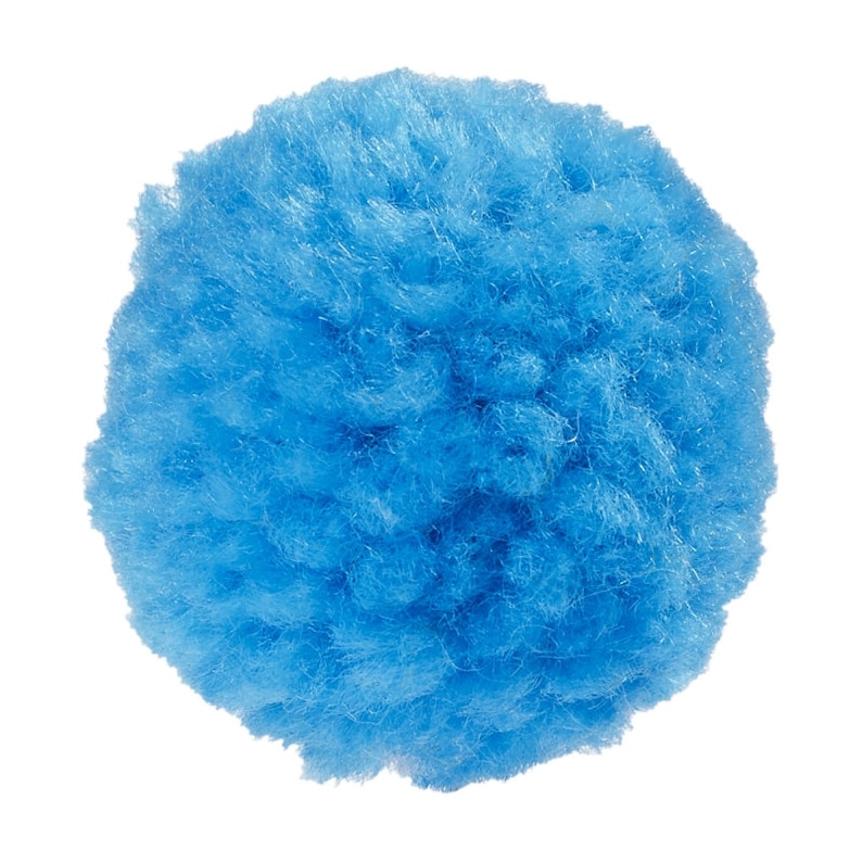 May include: A fluffy blue pom pom, a soft and round decorative element.