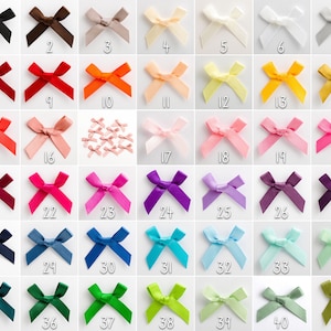 Könnte beinhalten: Eine Sammlung von 41 vorgebundenen Schleifen in verschiedenen Farben, darunter Schwarz, Braun, Beige, Weiß, Gelb, Orange, Rot, Rosa, Lila, Blau, Grün und Türkis. Die Schleifen sind in einem Raster auf weißem Hintergrund angeordnet.