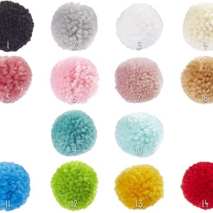 May include: Assortment of 14 colorful pom poms in various colors, including black, gray, white, beige, pink, light pink, light brown, teal, light blue, blue, green, yellow, and red.