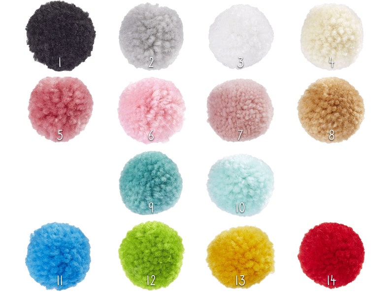 May include: Assortment of 14 colorful pom poms in various colors, including black, gray, white, beige, pink, light pink, light brown, teal, light blue, blue, green, yellow, and red.