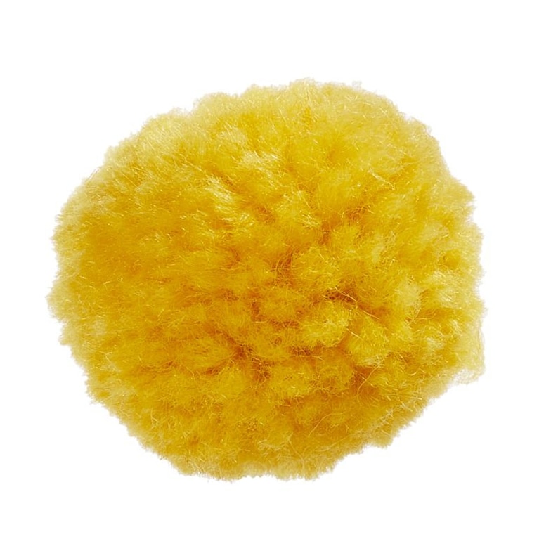 May include: A bright yellow fluffy pom pom, a round ball of yarn, perfect for adding a touch of whimsy to crafts and projects.
