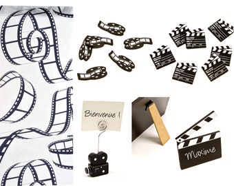 Individual film decorations - film clapboards, film rolls or cameras - table runners, giveaways and boards for labeling