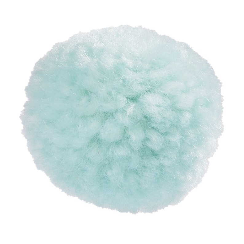 May include: A light blue fluffy pom pom. The pom pom is round and has a soft, fuzzy texture.