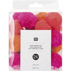 Könnte beinhalten: Eine transparente Kunststoffbox gefüllt mit neonpinken, orangefarbenen und roten Garnpompons. Die Box hat ein weißes Etikett mit dem Text "GARN POMPON SET" und "Made by Me". Die Packung enthält 24 Stück.