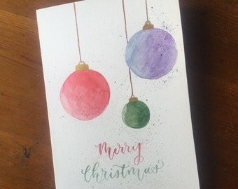 Merry Christmas Bauble Watercolour card - A5 in size - can be personalised