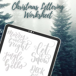 May include: A digital tablet shows a Christmas lettering worksheet with phrases such as "Merry and Bright" and "Let it Snow" in elegant script. The background features a blurred forest scene, enhancing the festive theme.
