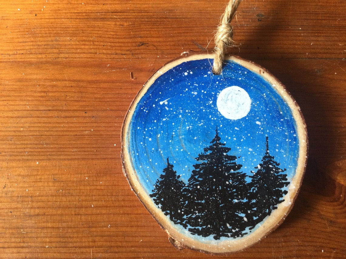 Hand Painted Winter Scene Wood Slice Ornament / Bauble - Ideal as ...