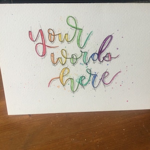 May include: A watercolour painting of the words "your words here" in rainbow colours on a white background.