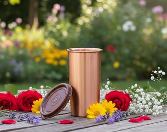 Rent kopparglas med lock för dricksvatten - 480 ml, läckagesäkra dricksglas, handgjord Ayurveda Yoga