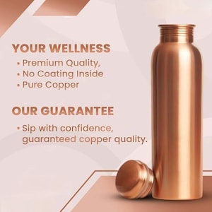 May include: A copper water bottle with a copper lid. The bottle is on a white and pink background with text that reads "YOUR WELLNESS" and "OUR GUARANTEE". The text says "Premium Quality, No Coating Inside, Pure Copper" and "Sip with confidence, guaranteed copper quality."