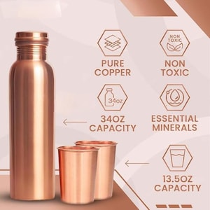 Copper Water Bottle, Copper Bottle, Copper tumbler for Drinking Water, Yoga bottle 950ml 100% Pure Copper Water bottle Handmade Ayurveda pot
