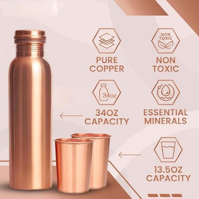 Copper Water Bottle, Copper Bottle, Copper tumbler for Drinking Water, Yoga bottle 950ml 100% Pure Copper Water bottle Handmade Ayurveda pot