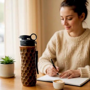 May include: A brown water bottle with a black lid and a honeycomb pattern. The bottle has a black strap. A small potted plant and a coffee cup are on the table. The bottle is likely around 25 cm tall.
