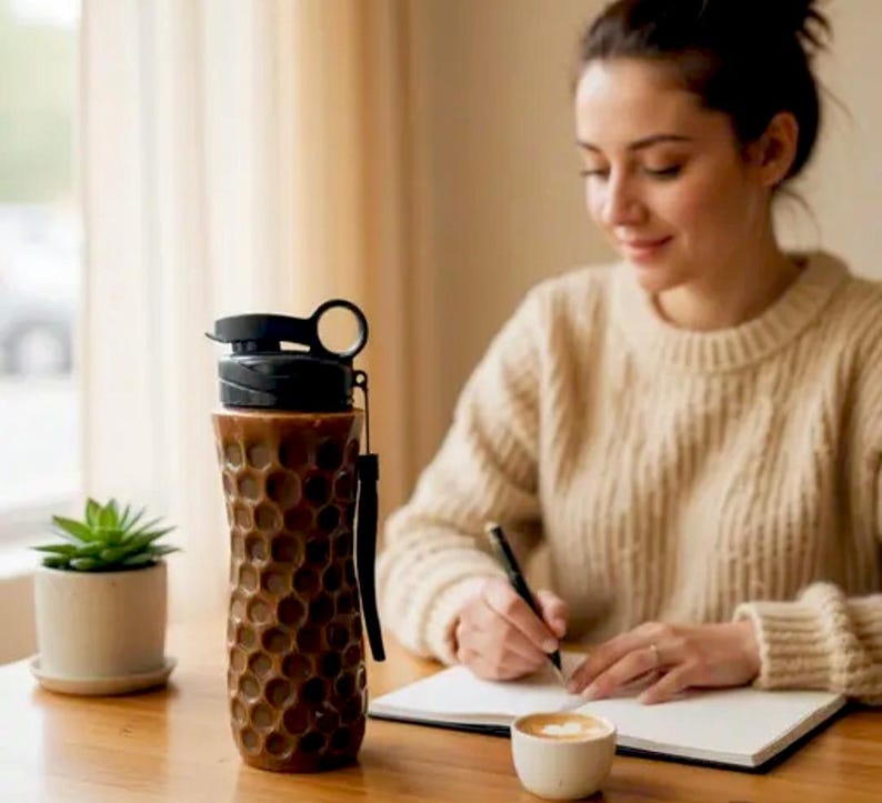 May include: A brown water bottle with a black lid and a honeycomb pattern. The bottle has a black strap. A small potted plant and a coffee cup are on the table. The bottle is likely around 25 cm tall.