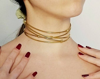 Statement choker necklace  brass wire choker for her, golden Torque necklace for night party