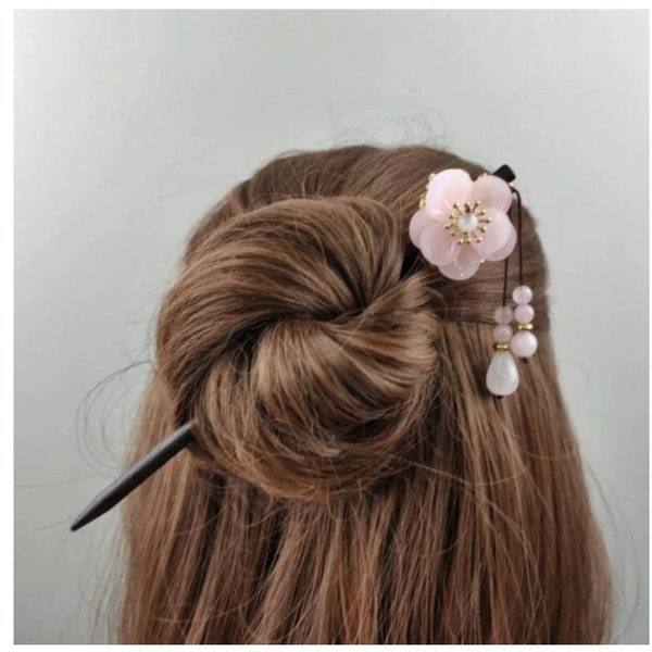 Cherry blossom hair stick for thin or fine hair bun. Wooden hair stick with rose flower for women