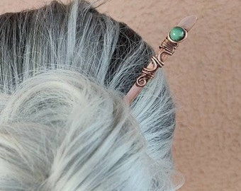 Palillo de pelo de ágata decapada con filigrana, tenedor de pelo de cobre con piedra natural, palillos de pelo para moño