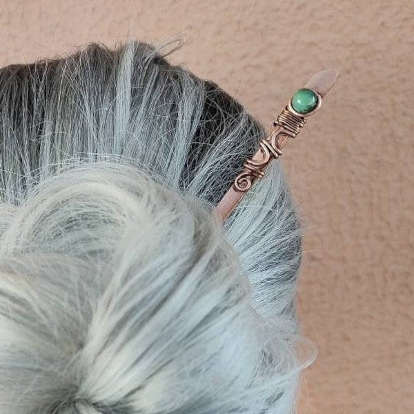 Stripped agate hair stick with filigree, copper hair fork with natural stone, hair chopsticks for bun