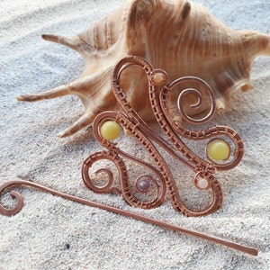 Paisley Hair Clip Yellow Jade Hair Barrette - Copper Hair Stick, Hair Ornaments, Copper Jewelry, Filigree Hair Clip