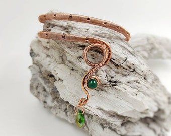 Egyptian upper arm cuff bracelet with crystal teardrop and gemstone, Copper wire arm cuff bracelet