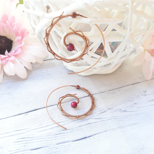Open hoop earrings with gemstone, copper wire boho style earrings for summer