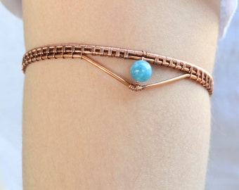 Copper wire wrap upper arm bracelet with blue amazonite bead