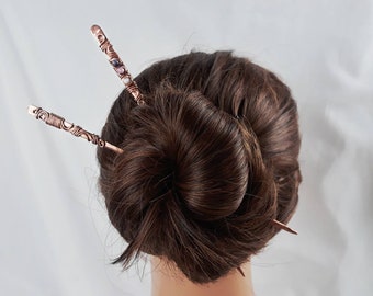 2 épingles à cheveux avec pierres précieuses pour cheveux fins ou épais, fil de cuivre kanzashi pour chignon