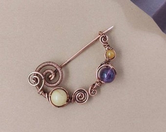 Copper wire brooch with amethyst and yellow jade beads, German silver and brass crescent brooch with filigree and stones