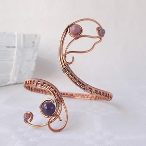 Purple Amethyst And Leaves upper arm bracelet, spiral upper arm cuff for her