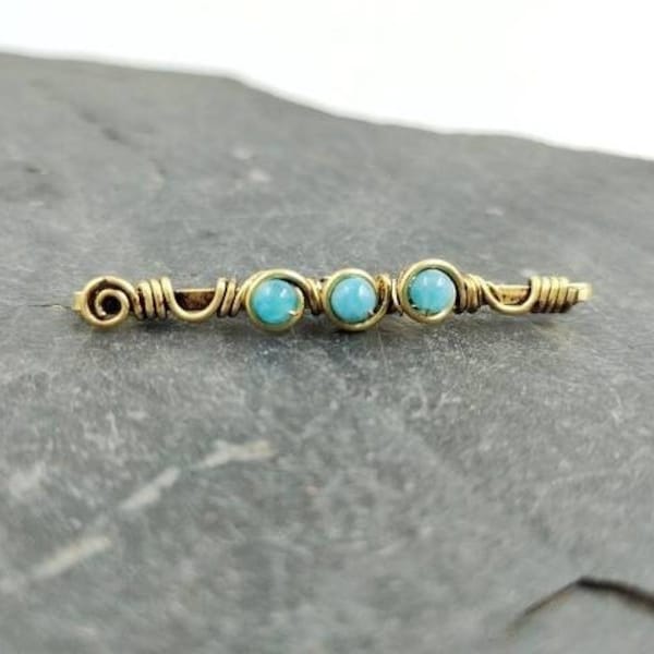 Golden bobby pin decorative with blue amazonite stone, tiny hair clip for woman, beaded hair pin on brass, copper or german wire