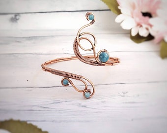 Women's upper arm cuff bracelet, Greek goddess bead bracelet, copper wire cuff bracelet,